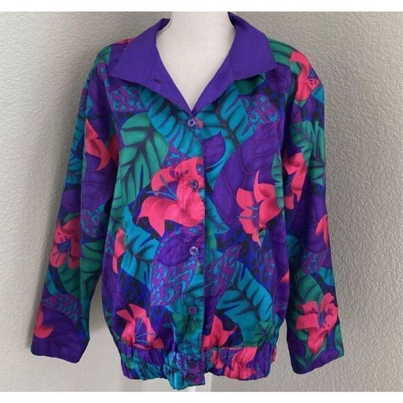 Joan Walters 90’s Vintage Purple Floral Reversible Windbreaker Jacket Size S - Picture 1 of 8